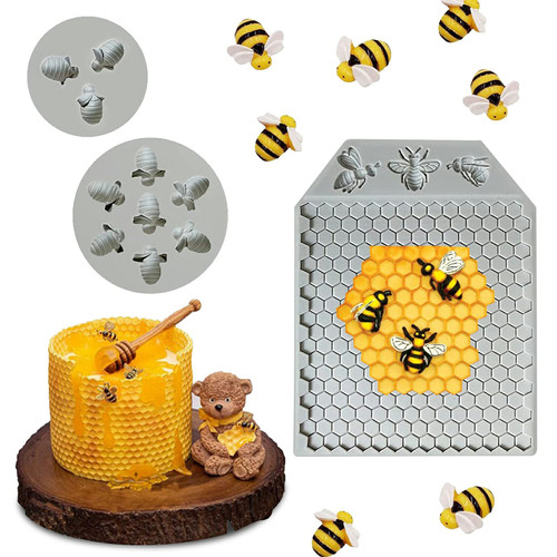 Honeycomb Bees Silicone Fondant Cake Mold, 3Pcs 7 Cavity Bumble Bee Silicone Mold, Beehive Silicone Baking Molds, Silicone Cupcake Cake Decorating Fondant Candy Baking Cake Moulds, Sugar Cube Mold