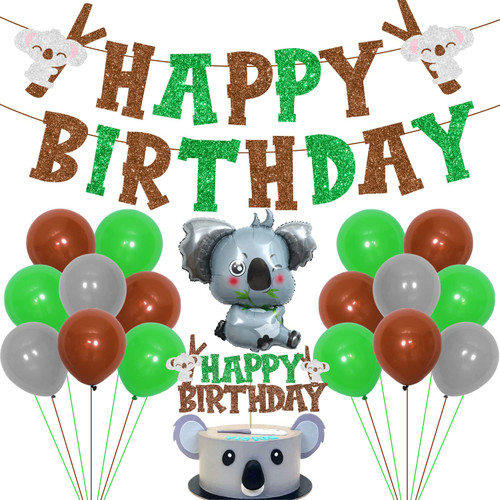 Koala Themed Birthday Party Decorations, With Koala Glitter Happy Birthday Banner Cake Topper Cute Koala Foil Balloon For Kids Animal Birthday Party Supplies