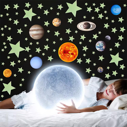 Glow in The Dark Stars and Cosmic Decals,Outer Space Planet Wall Stickers Nursery Playroom Ceiling Decor Galaxy Glow Star Set for Kids, Girls, Boys