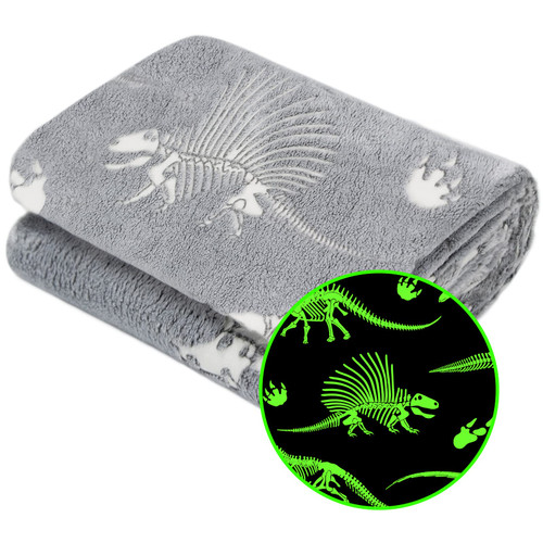 Glow in The Dark Blanket Dinosaur Throw Blanket for Boys Kids Soft Warm Cozy Furry Cute Dino Blanket Unique Valentines Day Gifts Gray Glowing Dinosaur Room Decor Blankets for Girls Teens 40"x50"