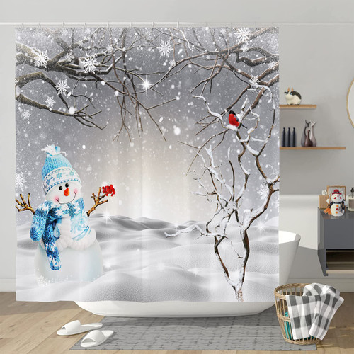Christmas Shower Curtain Set with 12 Hooks Winter Holiday Snowman Cardinals and Snowflakes Waterproof Fabric Shower Curtains Christmas Decorations, 72x72 Inch