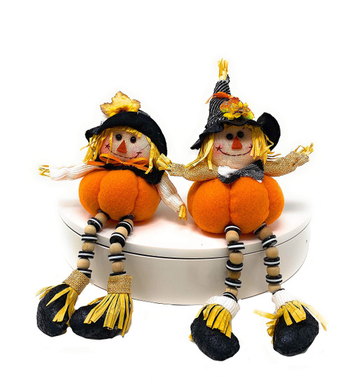 Scarecrow Pumpkin Plush Set Thanksgiving Figurines Shelf Sitter Fall Autumn Table Fireplace Decor Boy & Girl S/2 (9" H)