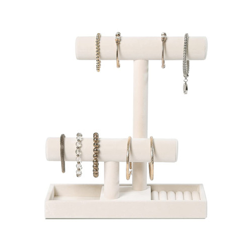 ByKen Multi-Functional 2 Tier Jewelry Holder,Necklace Bracelet Holder with Earrings Rings Tray,Jewelry Organizer Stand for Scrunchie Watches(Beige Velvet) ByKen Multi-Functional 2 Tier Jewelry Holder,Necklace Bracelet Holder with Earrings Rings Tray,Jewelry Organizer Stand for Scrunchie Watches(Beige Velvet)