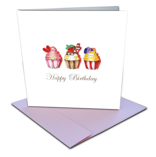 Oberstuff Happy Birthday Cup Cake Trio Quilling Greeting Card, 6x6 with Envelope. Blank Inside. Hand-made. Suitable for Framing.