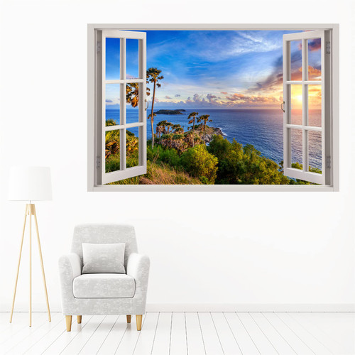 3D Sunset Scenery Fake Window Wall Stickers, Tropical Island Window View Wall Decals, Removable Vinyl Wall Mural Decor Art for Living Room Bedroom Bathroom