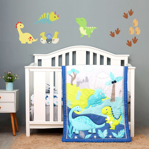 Baby Bees 4 Pieces Cartoon Dinosaurs Crib Bedding Sets for Boys and Girls | Baby Bedding Crib Set of Crib Sheet, Quilt, Dust Ruffle for Standard Size Crib