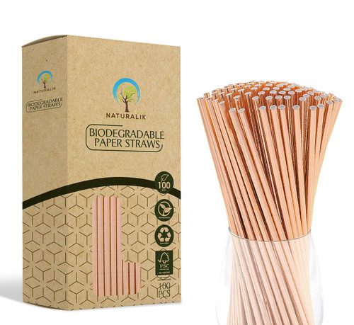Naturalik 100-Pack Biodegradable Rose Gold Paper Straws- Extra Durable Metallic Rose Gold Drinking Straws- Rose Gold Straws for Birthday, Wedding, Bridal/Baby Shower, cake pops, Party Supplies