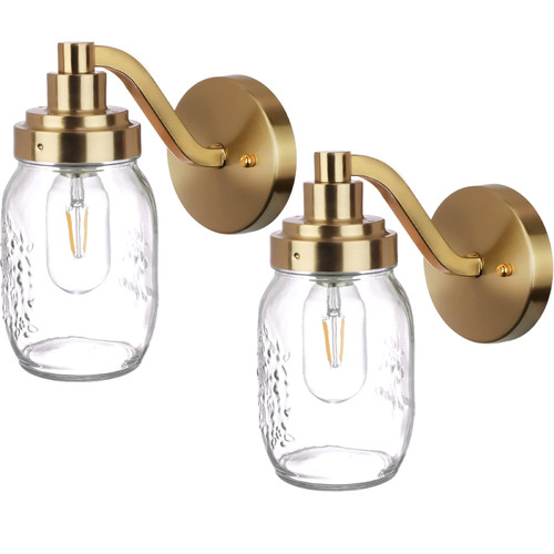UShe DHome Wall Sconces Set of 2 Gold Wall Lamp, Modern Wall Light Fixtures Farmhouse Wall Sconces Glass Mason Jar Wall Mounted Lamp for Bedroom Bedside Mirror Living Room Hallway