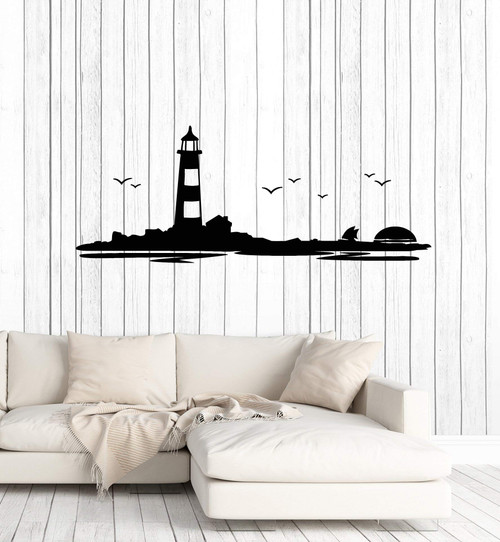 Vinyl Wall Decal Lighthouse Beach House Ocean Birds Sunset Boat Stickers Mural Large Decor (g1321) Black