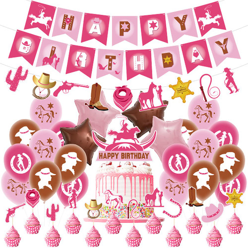 Western Cowgirl Birthday Party Decorations, Horse Party Supplies with Cowgirl Garland Happy Birthday Banner Cake Toppers Pink Latex Balloons Kids Western Cowgirl Pony Birthday Party Decoration
