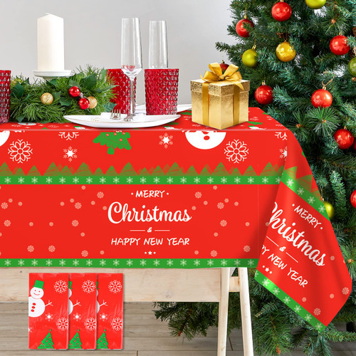 3 Pack Christmas Tablecloth Disposable Plastic Christmas Table Cloth Rectangle Red Holiday Tablecloths, Xmas Tree Snowman Snowflake Print Party Decoration Christmas Table Cover ( 54 x 108 inch)