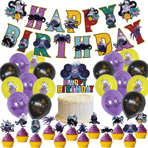 Ursula birthday party supplies, including cake caps, cupcake caps, flags, Latex Balloons, It is very suitable for boy's and girl themed birthday party supplies. Ursula birthday party supplies, including cake caps, cupcake caps, flags, Latex Balloons, It is very suitable for boy's and girl themed birthday party supplies.
