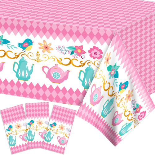 3Pcs Tea Party Tablecloth Pink Teapot Floral Disposable Plastic Table Cover Tea Theme Party Decorations for Baby Shower Girls Birthday Party Supplies 51 x 87 in
