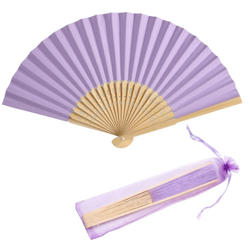 SL crafts 50pcs Paper Hand Fan with Gift Bags Bamboo Handheld Folded Fan Decorative Paper Fan Wedding Party Favors (Light Purple)