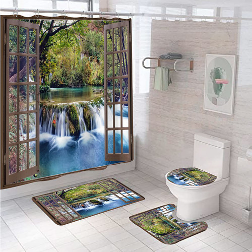 DDS-DUDES 4Pcs Shower Curtain Sets, Natural Scenery Window Forest Waterfall Waterproof Shower Curtain Sets for Bathroom with Non Slip Rugs, Toilet Cover and Bath Mat, 12 Plastic Hooks (Window Forest)