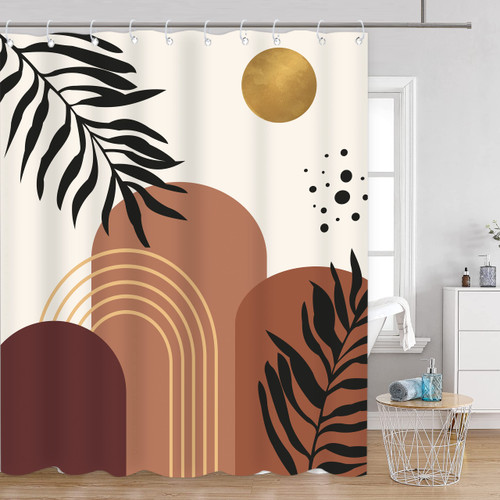 Someklly Mid Century Shower Curtain, Modern Abstract Shower Curtain Set, Vintage Geometric Bathroom Decor Accessory, Sun Leaves Arch Waterproof, 60X71 Inch, Brown