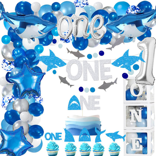 Shark 1st Birthday Party Decoration Shark One Party Banner Cake Cupcake Toppers Shark Balloons Kit Arch for Under The Sea/Little Shark/Ocean Animals Shark Theme Baby Shower 1st Birthday Party Supplies