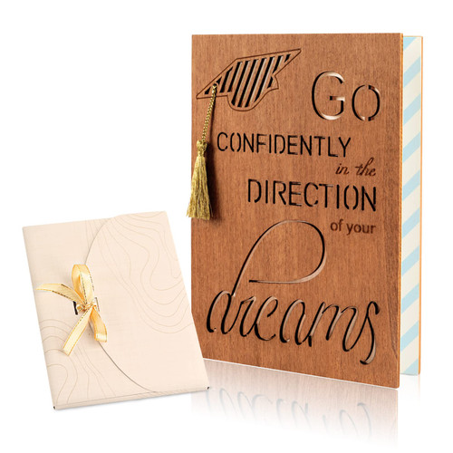 Creawoo 3D Wooden Graduation Cards with Gold Tassel, Congratulations Greeting Cards for New Graduates, Graduation Gift Greeting Card with Art Envelope (Go Confidently in The Direction of Your Dreams)