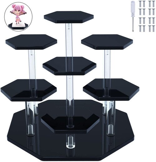 WADDK Acrylic Risers Display Stand, 7-Tier Acrylic Stand for Pop Figure, Clear Acrylic Cupcake Stand, Cosmetic Items Table Display Risers, Dessert Stand for Display Or Collections (Black)