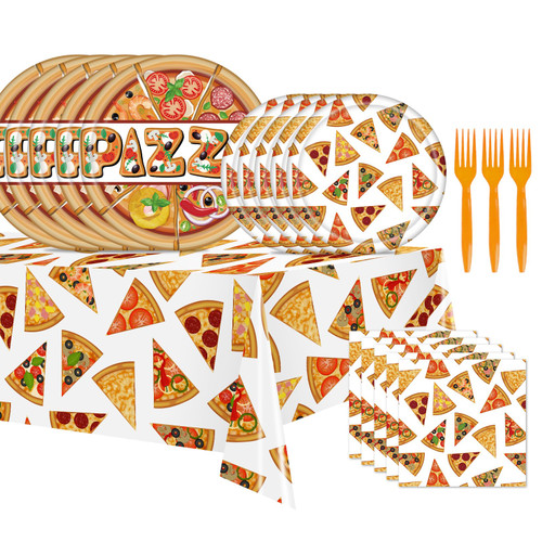 Lebeili Pizza Party Supplies, Pizza Party Tableware Set Including Pizza Tablecloth, Paper, Plates, Napkins, Forks for Pizza Theme Party Decorations Supplies - Serves 16 Guests