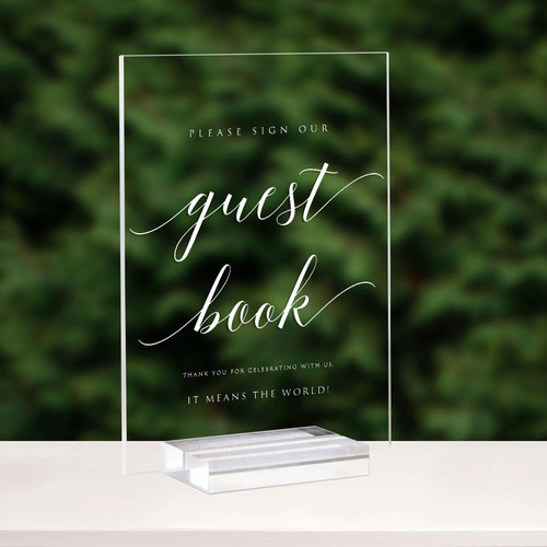 Acrylic Guest Book Sign with Stand- 5x 7 Inch Glass Look Clear Acrylic Wedding Reception Sign Modern Font Wedding Table Sign with Holder for Wedding Reception & Party Event