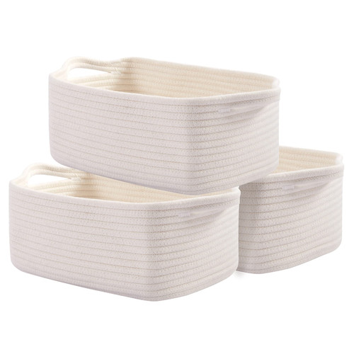 OIAHOMY Cotton Rope Baskets, Woven Baskets for Storage, Nursery Storage Baskets, Decorative Storage Bins, Rectangle Storage Basket with Handles, Storage Baskets for Shelves, Pack of 3, Pure and White