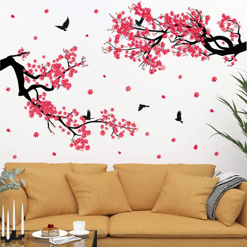 WOYINIS 3D Cherry Blossom Wall Stickers, Tree Branch Birds and Falling Flowers Petals Wall Decals, Peel & Stick Women Girls Bedroom Wall Decals Stickers Art for Living Room Bedroom Office Wall Decor