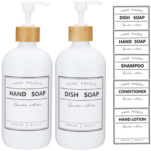 White Glass Soap Dispenser with Pump,Bathroom Soap Dispenser Set,Hand Soap Dispenser for Bathroom Kitchen Farmhouse Decor,Hand and Dish Soap Dispenser Set with Waterproof Labels and Bamboo Pump