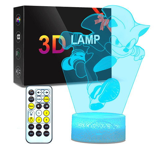 3D LED Illusion Night Light for Kids Sonic The Hedgehog 7 Color Change Decor Lamp with Remote Control, Kids Bedroom Decor Creative Lighting, for Kids and Sonic Hedgehog Fans Gift