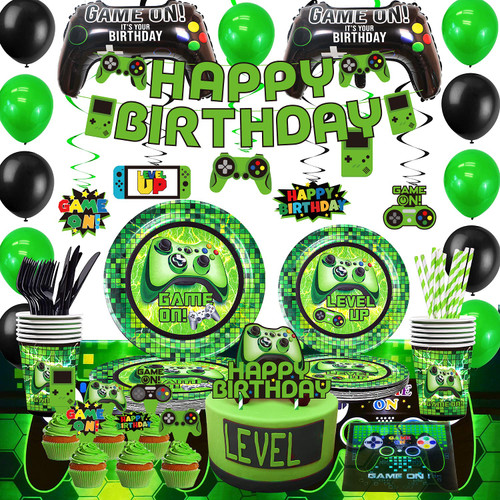 Green Video Game Party Supplies - 201Pcs Gamer Gaming Party Decoration For Boys Birthday Party - Table Cover, Plates, Cups, Napkins, Utensils, Hanging Swirls, Birthday Banner, Cupcake, Topper Cake Topper & Balloons Serves 16 Guests Green Video Game Party Supplies - 201Pcs Gamer Gaming Party Decoration For Boys Birthday Party - Table Cover, Plates, Cups, Napkins, Utensils, Hanging Swirls, Birthday Banner, Cupcake, Topper Cake Topper & Balloons Serves 16 Guests