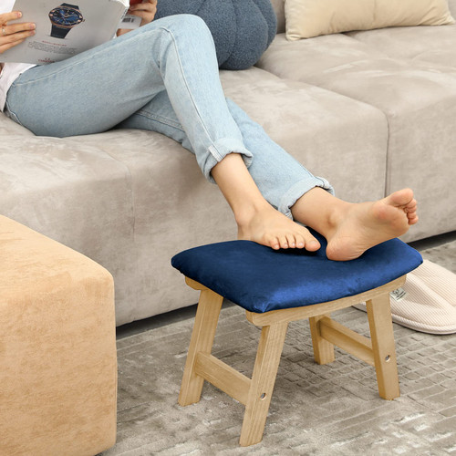 HOUCHICS Foot Stool Ottoman, Foot Stool Small, Foot Stool Under Desk, Wood Foot Stool for Living Room and Kitchen (Wood Legs-Blue Cover)