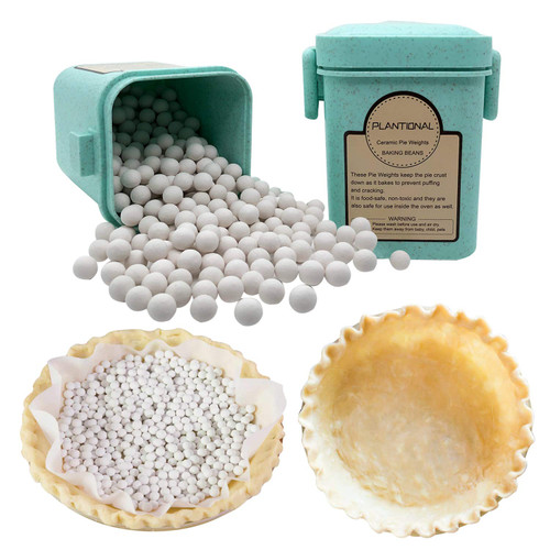 PLANTIONAL Pie Weights For Baking: 1.32 LB 10mm Baking Ceramic Beans Pie Crust Weights With Wheat Straw Container For Blind Baking Pastry(Green)
