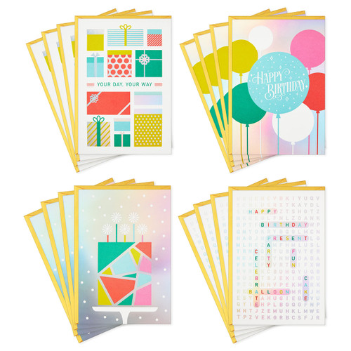 Hallmark Birthday Cards Assortment, 16 Cards with Envelopes (Gifts, Word Search, Balloons)