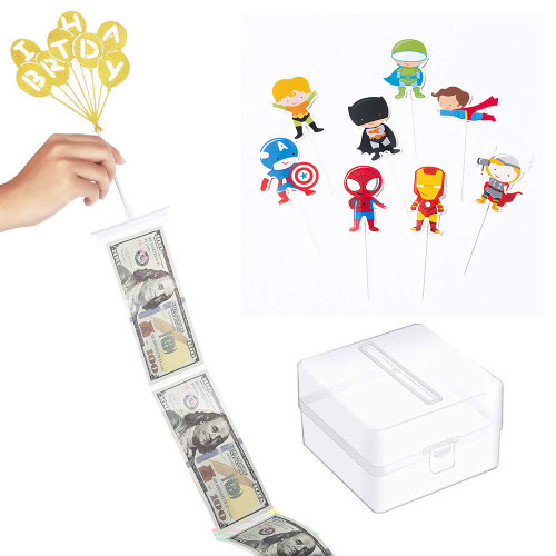 Cake Money Box with Happy Birthday Cake Topper, Money Pulling Cake Making Mold, 4.3X4.3X2.8 inch (Superhero)
