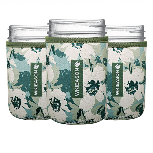 WKieason Wide Mouth Mason Jar Neoprene Sleeve Coat Cover 16-24OZ (16OZ/Green flowers)