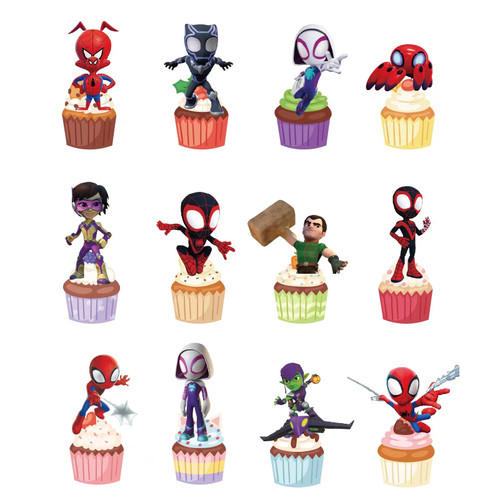 36PCS Spider cake toppers and cupcake toppers, super spider and his magical friends cupcake decoration, suitable for Boys and girls spider-themed birthday party cake supplies.