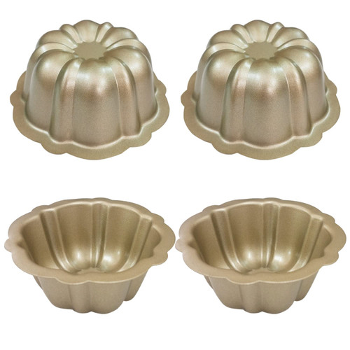 Proshopping Carbon Steel Mini Bundt Cake Pans, 4 Inch Metal Nonstick Fluted Cake Pan, 4Pcs Kugelhopf Mould for Baking Buntcake Bundtlet Bavarois Cupcake Brownie Pudding Tarts - Pumpkin Shaped, Gold