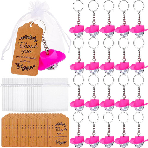 Welecom 60pcs Cowboy Hat Disco Ball Keychains with Thank You Tags and Organza Bags Pink Hat Disco Ball Decorations Mini Disco Ball Ornaments for Disco Party Favors