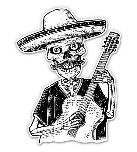 Dia de Los Muertos Mariachi Skeleton Sombrero Mexican - 5" Vinyl Sticker - for Car Laptop I-Pad - Waterproof Decal
