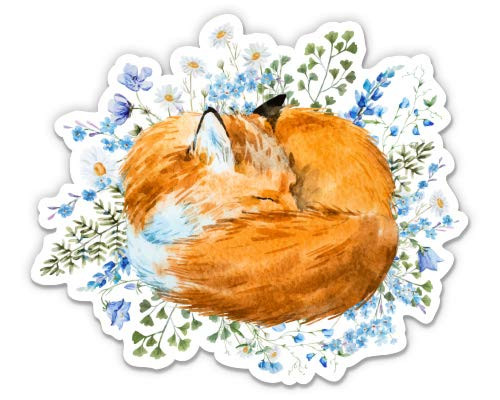 Pretty Sleeping Fox with Flowers - 3" Vinyl Sticker - for Car Laptop Water Bottle Phone - Waterproof Decal