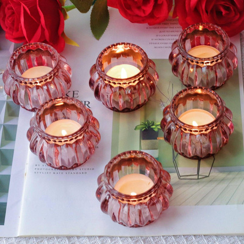 WOHO Rose Gold Tealight Candle Holder Set of 6 for Valentines Day Decor, Glass Tea Lights Candle Holder for Wedding Party, Votive Candle Holders for Table Centerpiece WOHO Rose Gold Tealight Candle Holder Set of 6 for Valentines Day Decor, Glass Tea Lights Candle Holder for Wedding Party, Votive Candle Holders for Table Centerpiece
