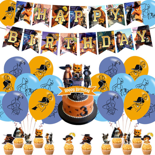 Tirotoe Kitten in Boots Birthday Party Supplies, Birthday Party Decorations Happy Birthday Banner Cake Topper Cupcake Toppers Balloons