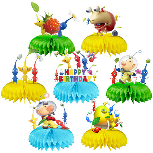 ?????? Birthday Party Decorations, 7Pcs Game Theme Party Centerpieces, Photo Booth Props, Cake Toppers for Pikmin Party Supplies Girls and Boys Fans Birthday