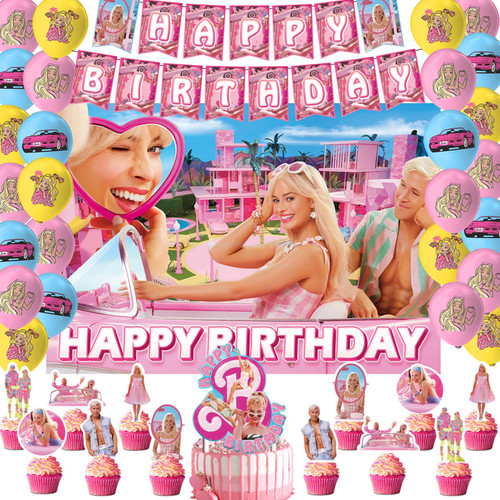 ?????? Movie Birthday Party Decoration, Include Pink Girls Birthday Party Backdrop 5 x 3 FT, Banner, Cake Topper, Latex Balloons, for Baebi Theme Kids Adults Birthday Party