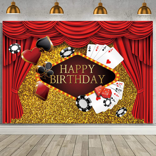 AIBIIN Red and Gold Glitter Casino Birthday Backdrop Casino Theme Night Poker Las Vegas Party Decorations Birthday Backdrop Background Cake Table Banner Photo Studio Booth Props Vinyl 7x5ft