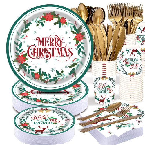 PAMMYAN MERRY Christmas Disposable Plate - Holiday Poinsettia Flower Disposable Paper Dinner Plates Dessert Plates and Napkins for Holly Xmas Party, Holly Berry Tableware Set Serve 25