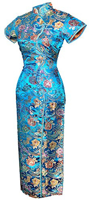 7Fairy Women's Vtg Turquoise Ten Buttons Long Chinese Dress Cheongsam Size 8 US