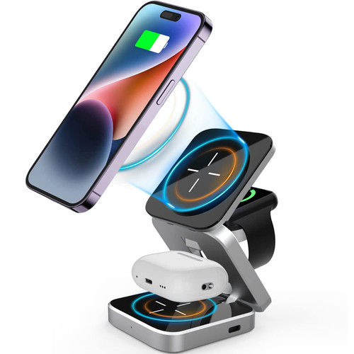 YeeCASE Foldable Magnetic Wireless Charger, 3 in 1 Charging Station, Fast Mag-Safe Charger Stand for iPhone 14 13 12 Pro/Max/Plus, for AirPods 3/2/Pro, for iWatch (Adapter Included) (Black)