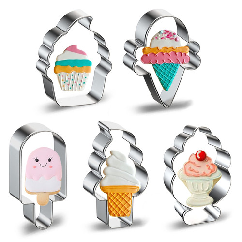 Summer Ice Cream Cookie Cutter Set 5-Piece Stainless Steel Metal Cookie Cutters Shapes Biscuit Molds with Ice Cream Cone, Soft Serve Cone, Popsicle, Ice Cream Sundae, Cupcake