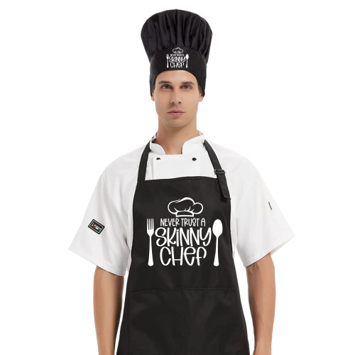 DYJYBMY Never Trust A Skinny Chef Chef Hat and Apron Set, Funny Cooking Grilling Apron Gift for Men Woman Dad Mom, Gift for Dad, Husband, Boyfriend, Chef, Adjustable Size